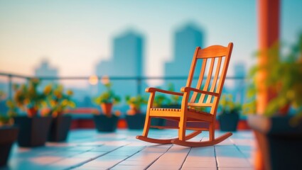 Blurred Background of Scenic Rooftop View of Urban Skyline with Modern Architecture and Rocking Chair at Sunrise in Cityscape. Fuzzy Background for Design Projects.