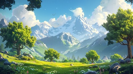 Whimsical cartoon nature landscape showing trees and distant rocky peaks