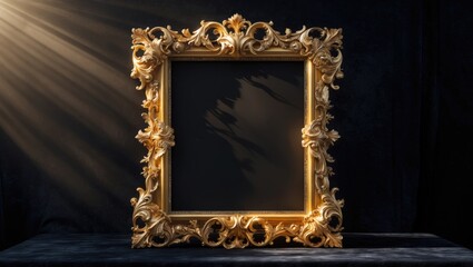 Golden elegant museum frame set against a black background isolated on black background.