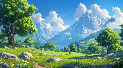 Beautiful cartoon mountain landscape with trees under natural light setting