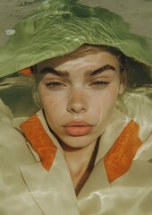 Young caucasian woman partially submerged in water with reflective light patterns