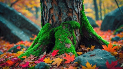 Autumn Leaves on Mossy Tree Trunk, Nature's Autumn Tapestry, Fall Foliage on Weathered Bark, Vibrant Colors of Autumn, Macro Photo of Autumn Leaf Texture, Moss-Covered Tree Trunk in Fall Forest