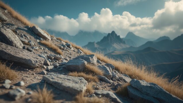 Spectacular mountain landscape featuring rocky foreground and sunset rays in the Tatras
