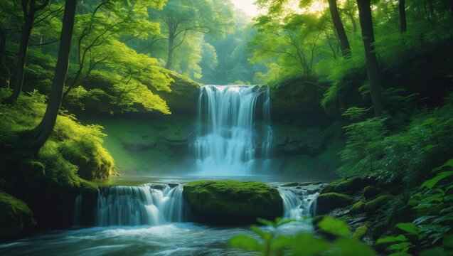 Stunning mountain waterfall within a green forest at the natural park Ozren, Serbia, Europe, on a sunny summer day. Long exposure and blurred motion, selective focus.