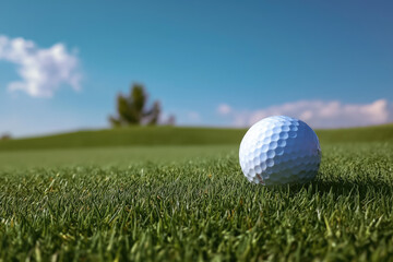 Fototapeta premium Low‑Angle Close‑Up of Golf Ball on Green with Sky and Negative Space