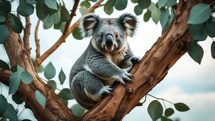 Fototapeta premium Cute koala relaxing on a branch above a tree. Adult koala perched on an eucalyptus tree. Stunning endemic animal. Gorgeous wildlife moment captured in Victoria, east Australia.