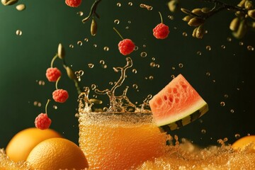 Vibrant splash of orange juice with berries and watermelon on green background