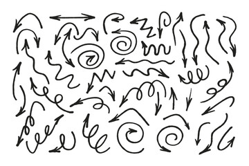 Hand drawn marker arrows symbols set. Doodle brush line grunge scribbles arrow pointers hand drawn vector illustration. Felt pen marker symbols collection.