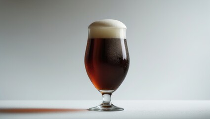 A glass of cold dark beer positioned on a white background.