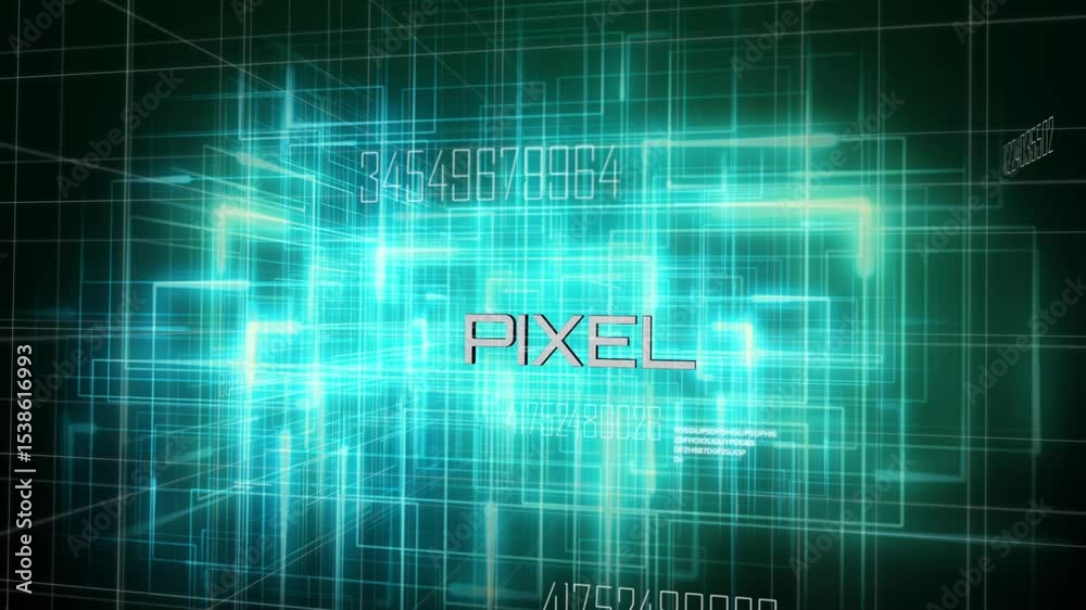 Aufkleber building wireframe cube from teal grid in matrix, revealing pixel logo and scanning numeric codes