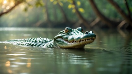 Fototapeta premium A crocodile's head is visible above the murky water's surface, which reflects its surrounding environment, highlighting its natural habitat.