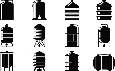 Set of diverse black tank icons for industrial storage and water reservoir designs
