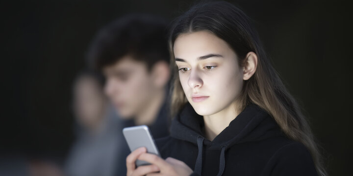 Young woman with long hair, wearing a black hoodie, is focused on her smartphone in a dimly lit environment, showcasing modern technology and social interaction