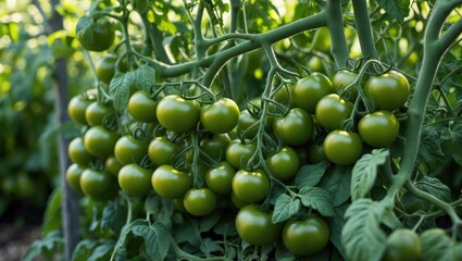 Green grapevine tomatoes. Unripe green tomatoes on the bush. Tomatoes on the vine, growing on the branches. Green vegetables in the greenhouse, immature vegetables on the shrub.