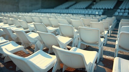 Empty white stadium seats in an outdoor sports arena, organized in a repetitive pattern, producing a minimalist and uniform appearance.