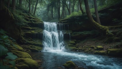 A peaceful waterfall tumbling over a rocky cliff amid lush green trees and moss, with water flowing over the rocks to form a calm scene in a forested area.