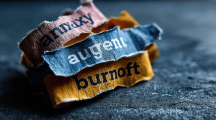 Torn Paper Strips Displaying Words Related to Mental Health Challenges Like Anxiety, Fear, and Burnout on a Dark Blue Background