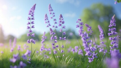 Fototapeta premium Delicate purple wildflowers grow tall in a sunlit open field, gently swaying in a light breeze beneath a clear blue sky. The landscape highlights the beauty of nature in full bloom.