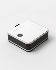 futuristic AI hardware product mockup, minimal industrial design, placed on pure white background, subtle shadows, high-end tech aesthetics, photorealistic
