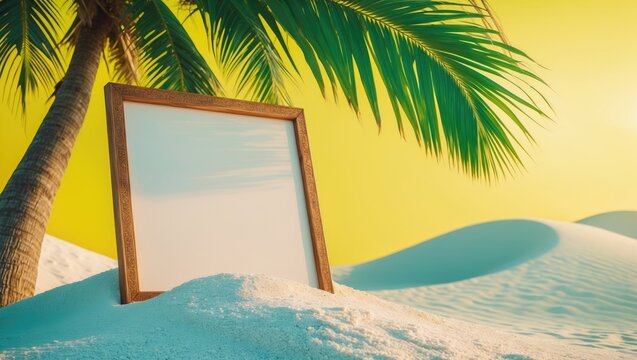 Blank board mockup frame on sand beach with yellow wall and palm leaves background, suitable for tourism, relax, vacation, tropical travel, nature, ocean, and summer holidays concept. - Powered by Adobe