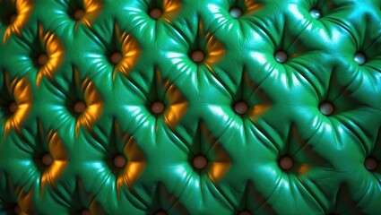 Fototapeta premium Dark emerald green capitone genuine leather background, featuring retro Chesterfield style soft tufted furniture upholstery with a deep diamond pattern and buttons, close-up.