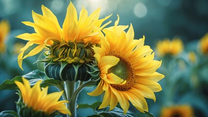 A detailed close-up of a sunflower's yellow petals and green sepals, highlighting fine textures and vivid colors. The background is gently blurred, drawing attention to the flower's natural beauty.