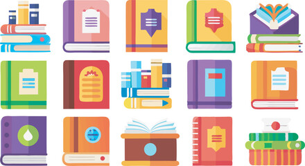 
A colorful assortment of stylized book illustrations, presented individually and in stacks, showcasing various designs and perspectives.