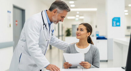 Obraz premium A reassuring male doctor with a stethoscope smiles at a female patient holding papers
