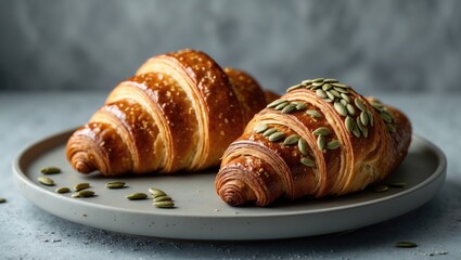 Fototapeta premium Freshly baked homemade croissants for breakfast. Traditional and whole-grain croissant topped with pumpkin seeds on a gray plate against a background. Selective focus, copy space