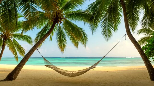 Tranquil beach scene with a hammock between palm trees, turquoise water, and clear skies