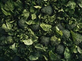 Overhead shot of broccoli and leafy greens forming a textured background.