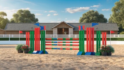 Empty show jumping arena with obstacles, barriers and poles, horse riding, equestrian sport and horses concept, competition field, background wallpaper