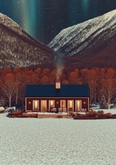 Cozy cabin in snowy landscape under starry sky with northern lights and mountain view