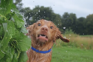 Playful wet dog enjoying splash in lush green garden