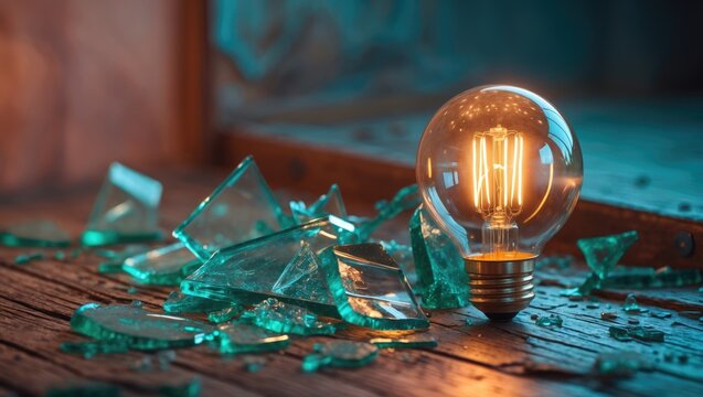 Glowing and broken light bulb comparison concept, problem and solution, failure and success, learning from mistakes