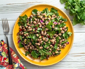 Overhead shot of a vibrant black-eyed pea salad served on a yellow plate, garnished with fresh herbs and red onion.