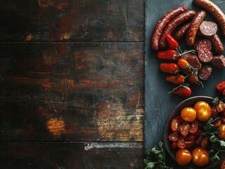Overhead shot of assorted sausages and cherry tomatoes on dark wooden background.