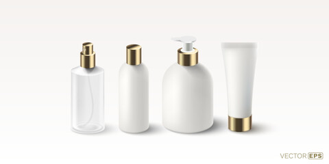 Cosmetic set, cream, shampoo, gel, mockup objects on white background. Vector