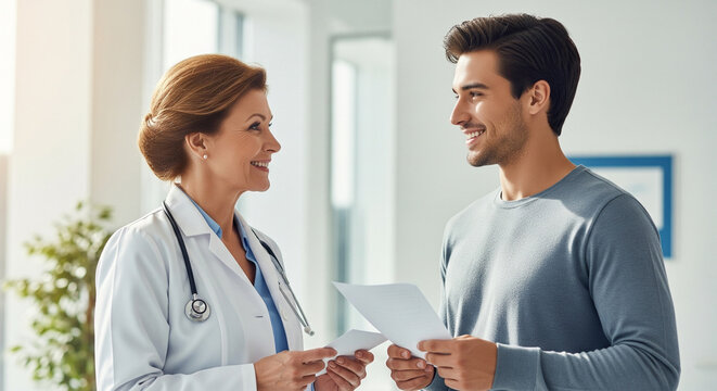 Professional female doctor in a white coat exchanges documents with a smiling male patient in a bright, modern medical environment