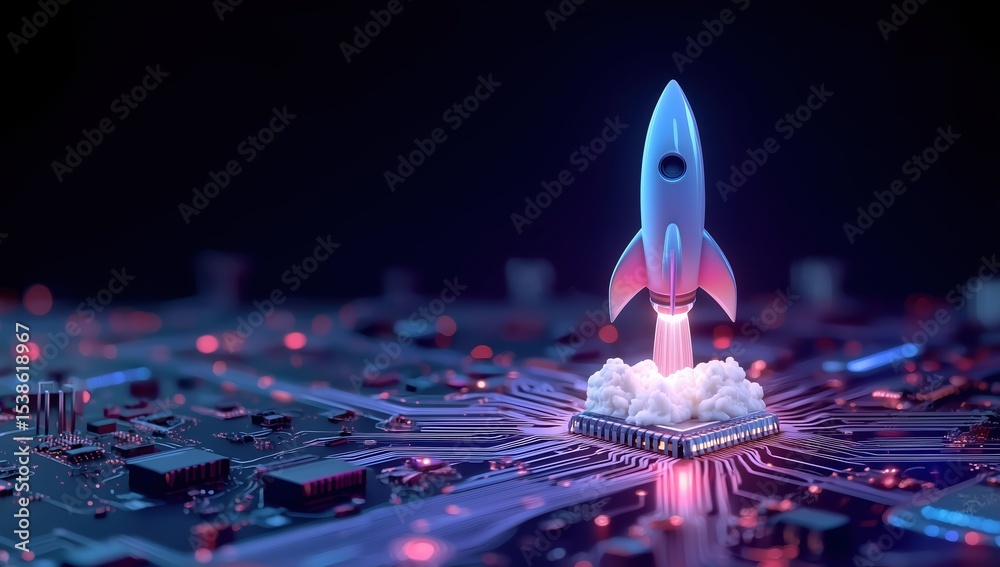 Poster Fiery rocket with glowing flames ascends from microchip on electronic circuit board, symbolizing technological breakthrough and digital innovation in business technology, 3D rendered abstract concept.