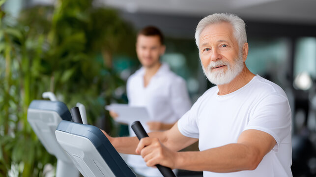 An elderly man exercises on the elliptical machine with his fitness trainer in the background. a picture that demonstrates the power of wellness and aging.