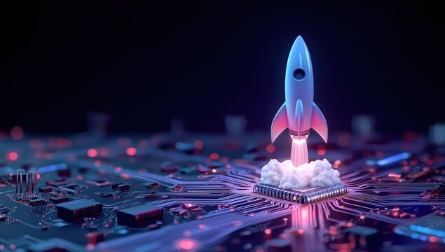Fiery rocket with glowing flames ascends from microchip on electronic circuit board, symbolizing technological breakthrough and digital innovation in business technology, 3D rendered abstract concept. - Powered by Adobe