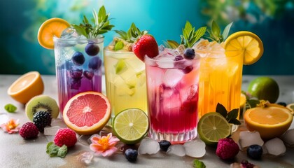 vibrant fruit and ice cubes create a colorful summer drink setup with floral accents