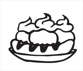 dessert with banana and ice cream. vector doodle illustration