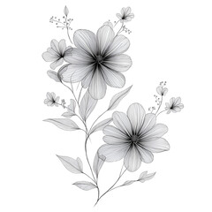 Elegant floral design with delicate line drawing on transparent background