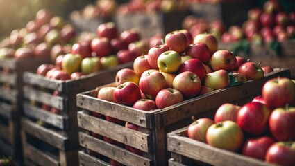 Freshly picked apples in wooden bushel crates. Wooden crates filled with red ripe apples, prepared for pressing into apple juice. Ecological agriculture concept.