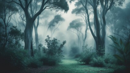 Bamboo forest, eucalyptus trees, mixed forest, green foliage, tranquil nature, dense forest, exotic plants, natural landscape, tall trees, tropical atmosphere, lush greenery, forest scenery, bamboo st