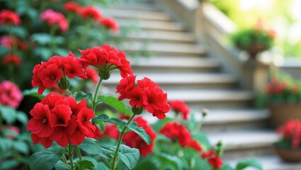 Bright red pelargonium, called zonal geranium, blossoms vividly on stone steps in the rustic outdoors of southern Italy, Puglia, emphasizing the plant's charm within a Mediterranean landscape.