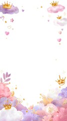 Pastel Princess-Themed Kids Background with 3D Hearts, Clouds, Crowns, and Golden Details – Cute and Magical Frame for Girls’ Storybook or Invitation.