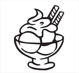 dessert with ice cream and whipped cream. vector doodle illustration
